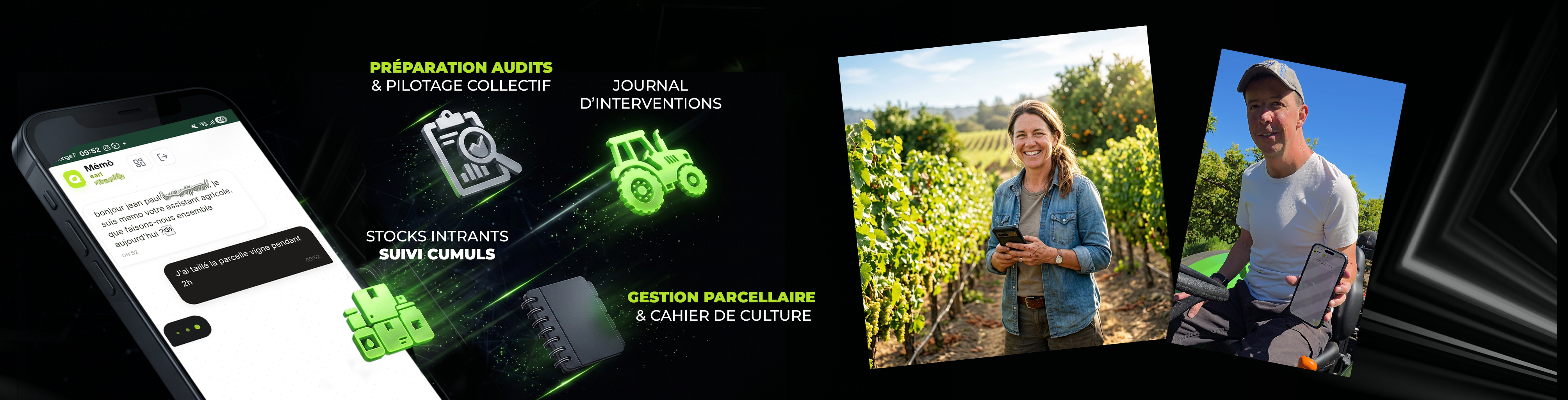 Agriculteur utilisant son téléphone Mém'agri sur le terrain